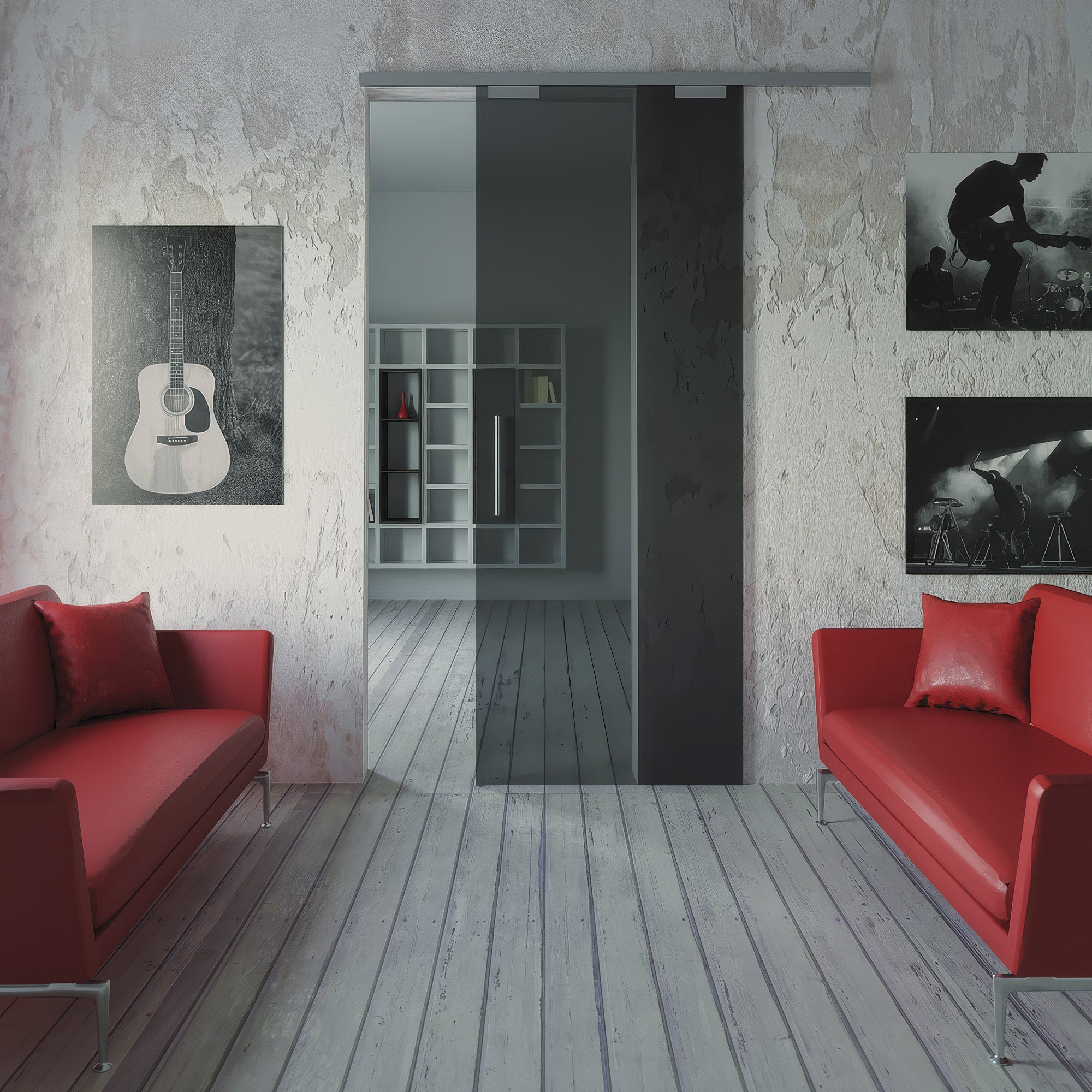 Modern interior with red sofas, a glass sliding door, and wall art.