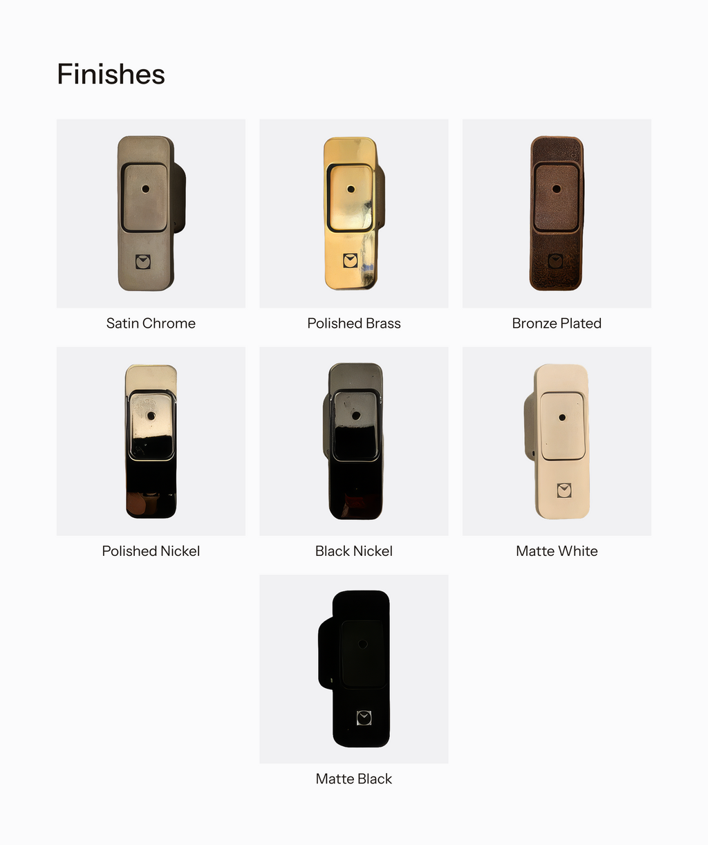 Push&Go EVO finishes including Satin Chrome, Polished Brass, Bronze Plated, Polished Nickel, Black Nickel, Matte White, and Matte Black.