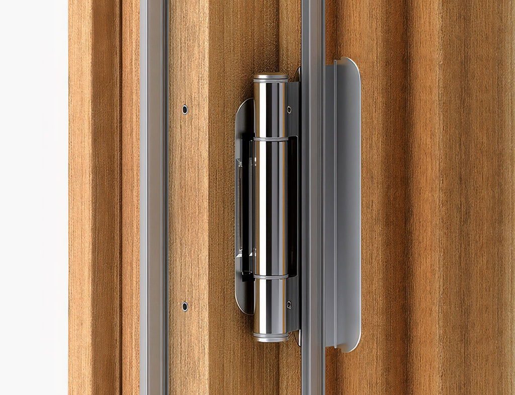 Close-up of R4 installed on a wood cabinet door