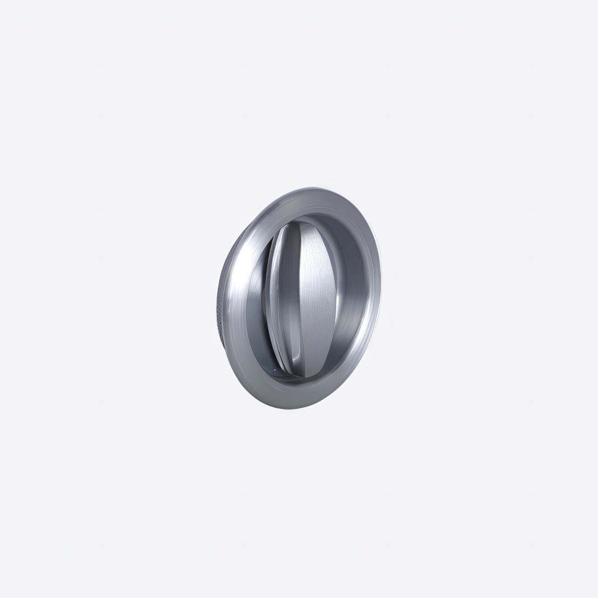 Metallic circular door handle on a light gray background