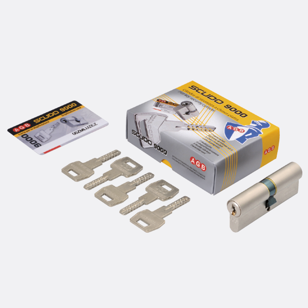 Components included in the box for Scudo 9000: security card, keys, and cylinder