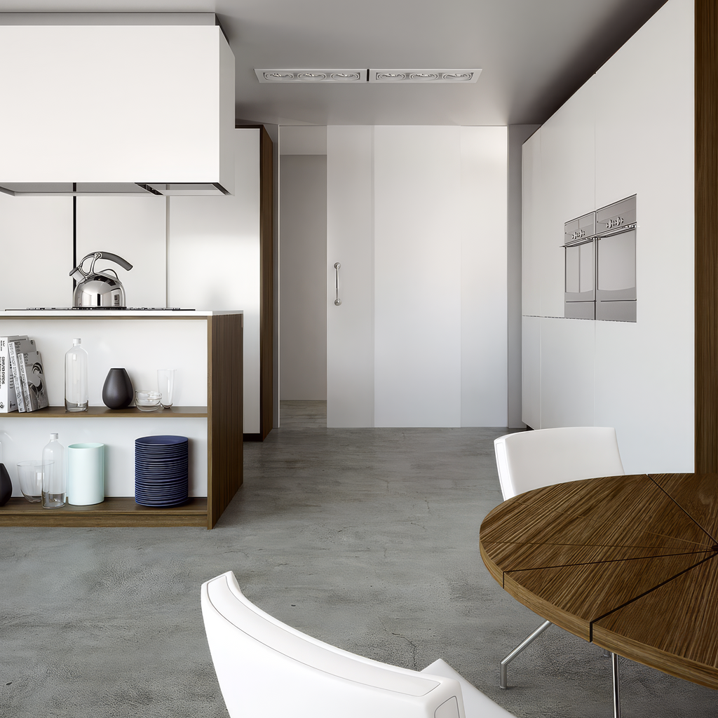 Modern kitchen with wooden table and white chairs