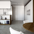 Modern kitchen with wooden table and white chairs
