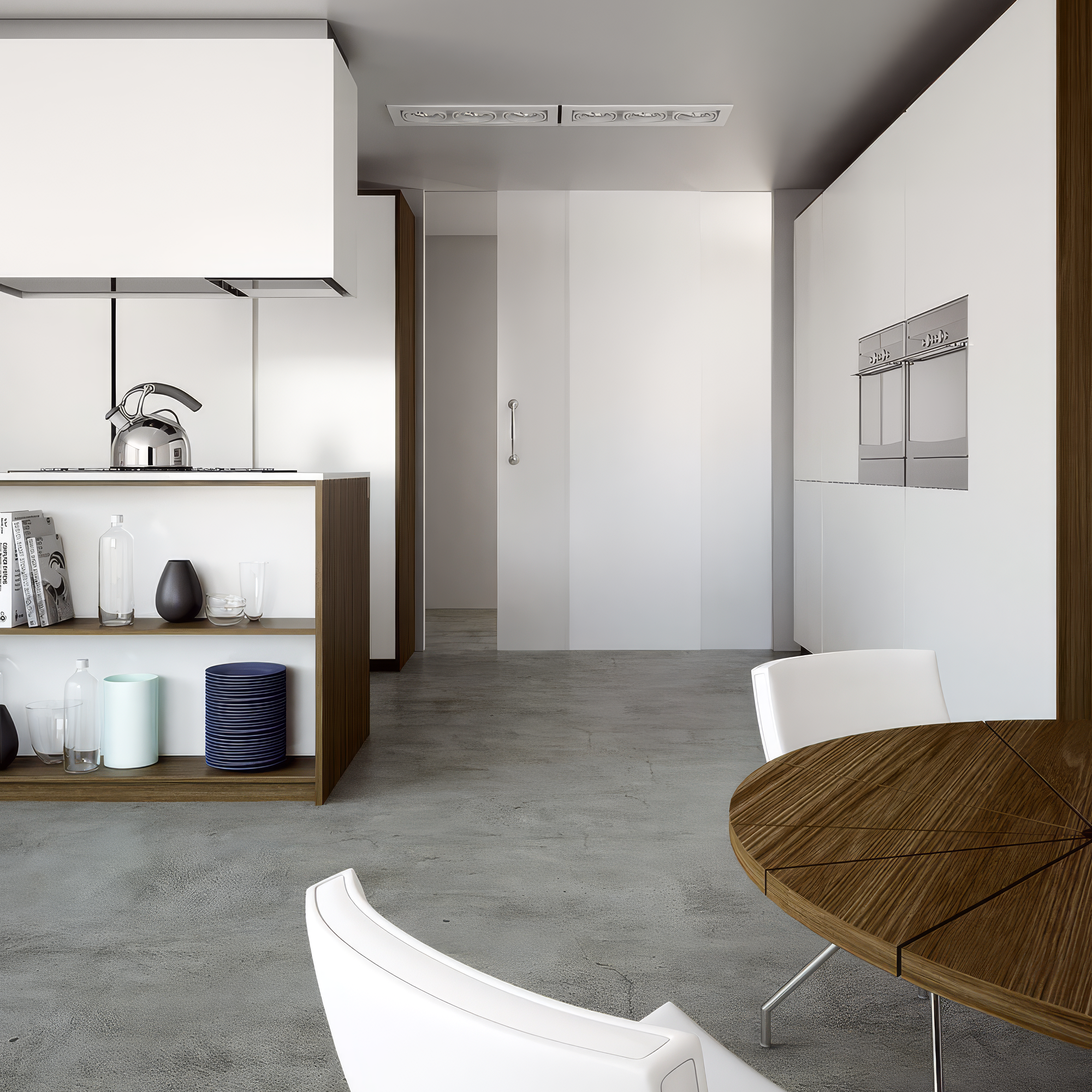 Modern kitchen with wooden table and white chairs
