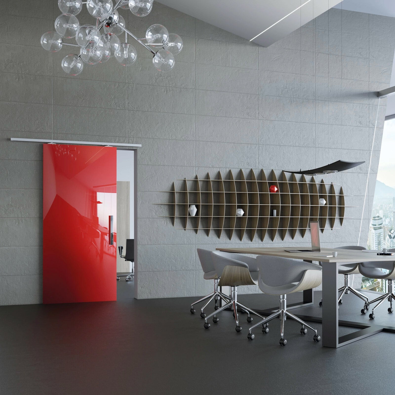 Modern office interior with a red sliding door, glass chandelier, and gray chairs.