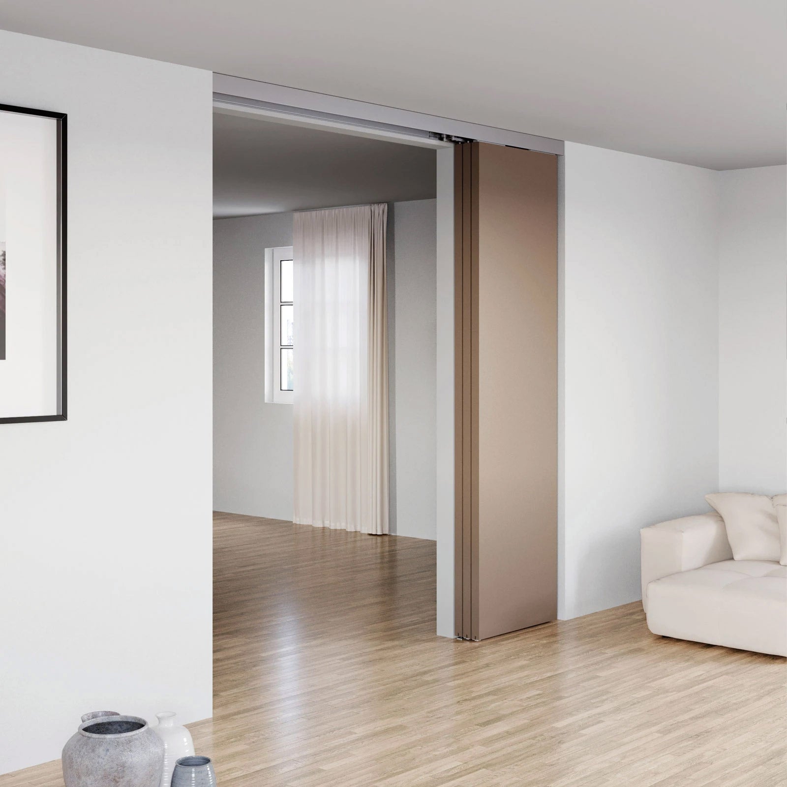 Modern interior with sliding door between two rooms