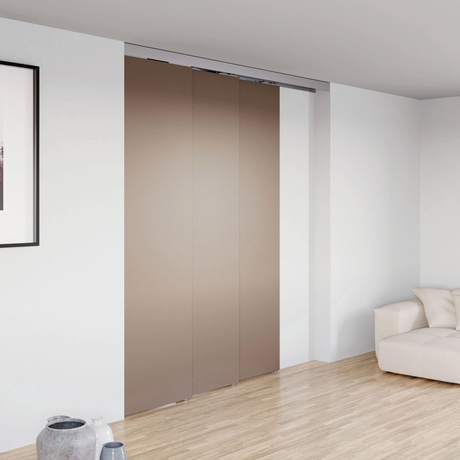 Modern interior with a sliding door in a neutral color scheme