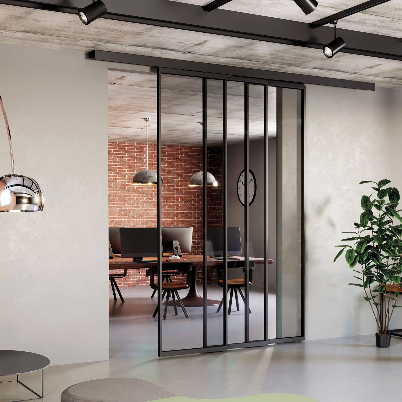 Modern office interior with glass partition walls and office furniture.