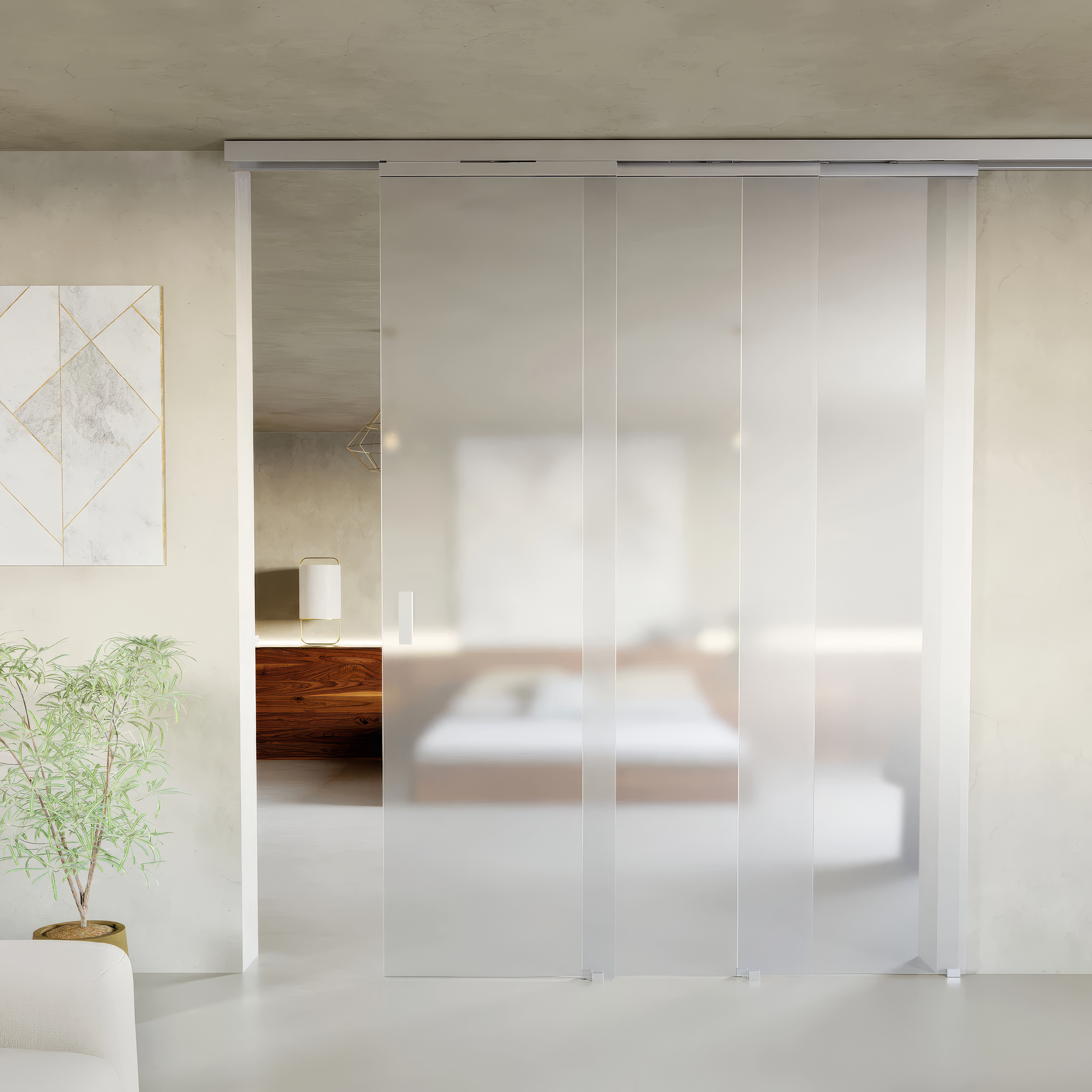 Modern interior with a glass sliding door leading to a bedroom.