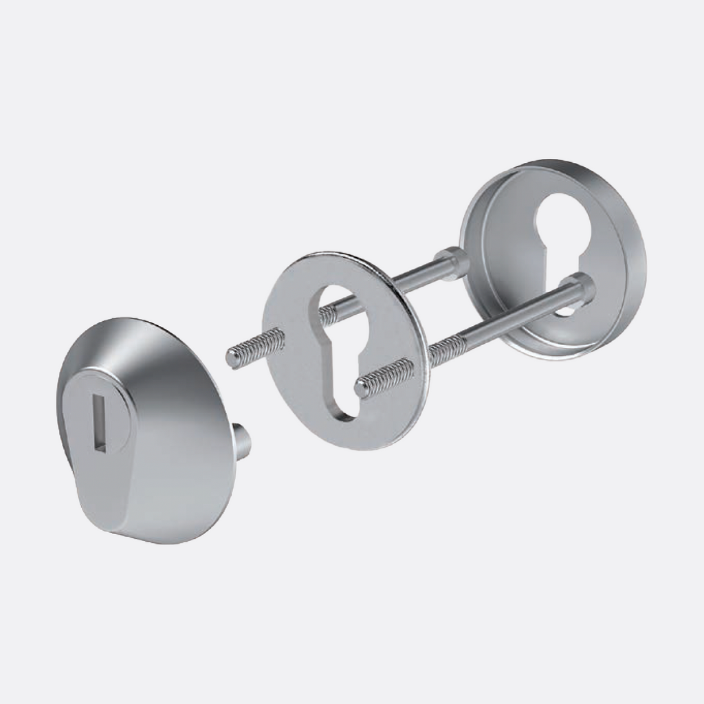 Exploded view of rim guard showing exterior cover, escutcheon plates, and mounting hardware components