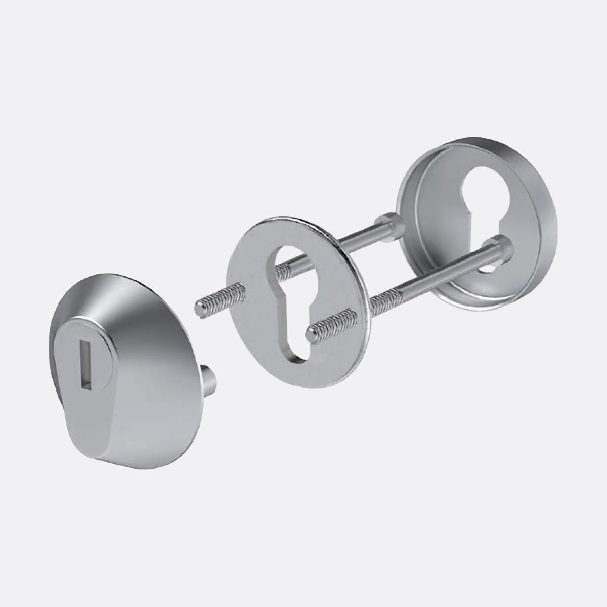 Exploded view of rim guard showing exterior cover, escutcheon plates, and mounting hardware components