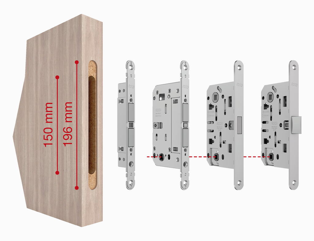 Door panel milling diagram showing compatibility with Touch or traditional handle locks, with measurements of 150 mm and 196 mm.