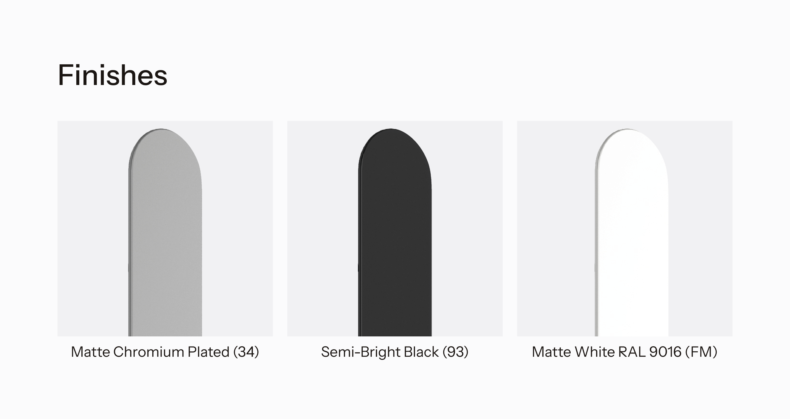 Lock finishes, which includes Matte Chromium Plated, Semi-Bright Black, and Matte White RAL 9016
