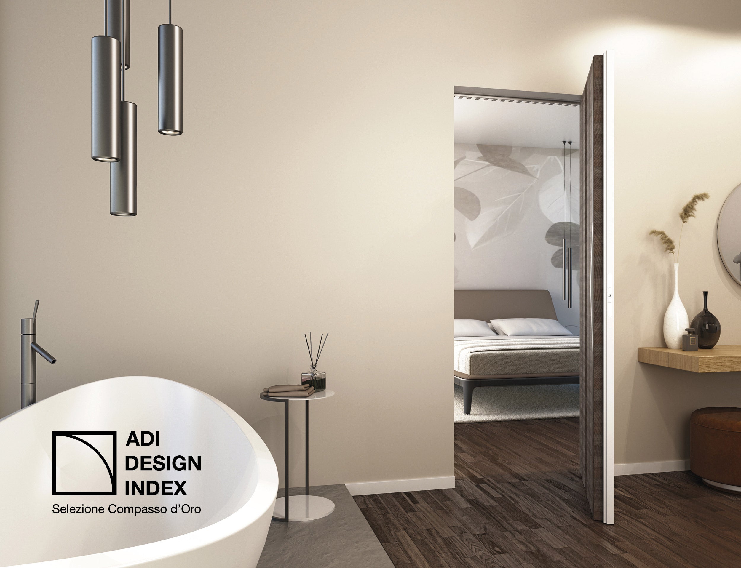 Modern bathroom with a bathtub and open closet revealing a bedroom featuring Design Index ADI selection