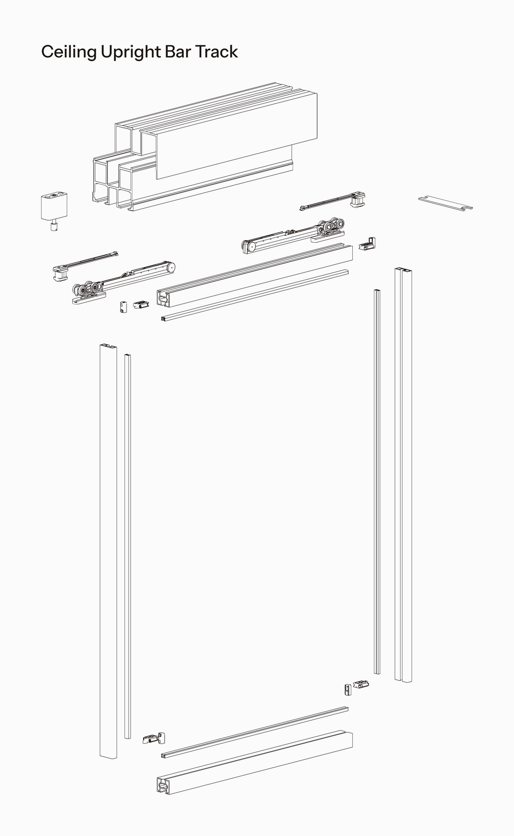 Technical drawing of Trave ceiling upright bar track system