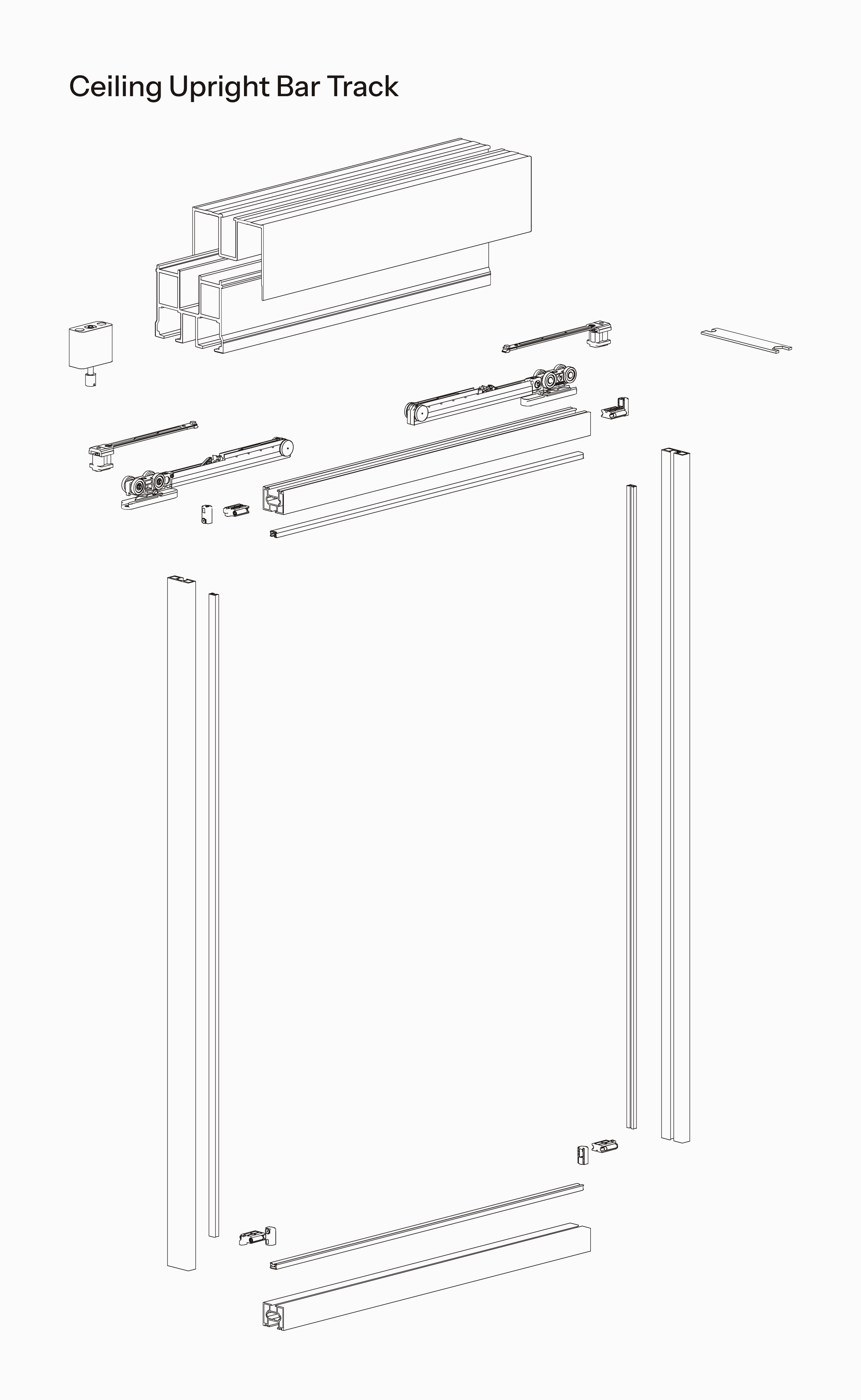 Technical drawing of Trave ceiling upright bar track system
