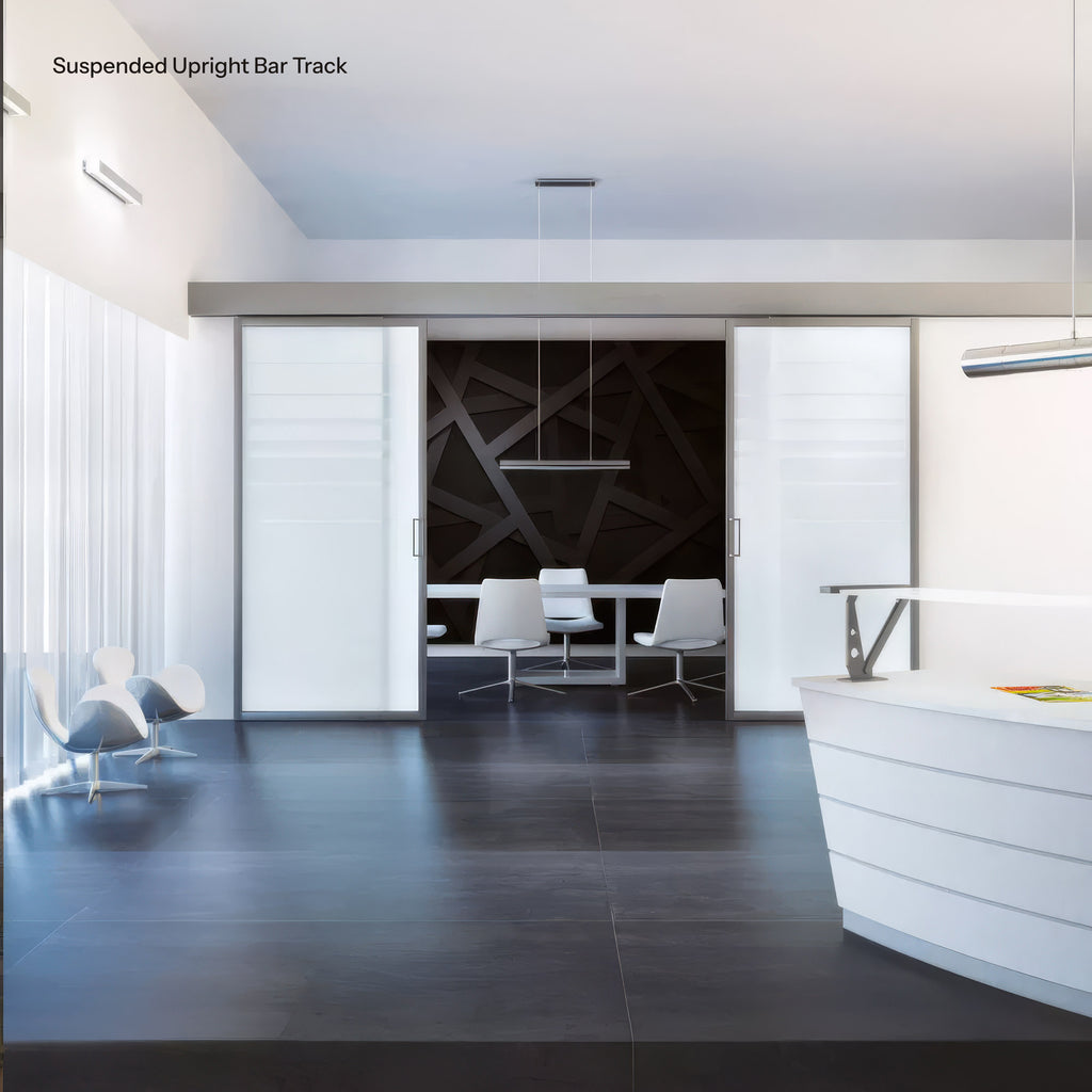 Modern interior design with white chairs and a table in a room with a suspended upright bar track.