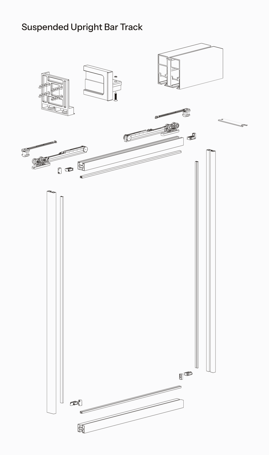 Technical drawing of Trave suspended upright bar track system.