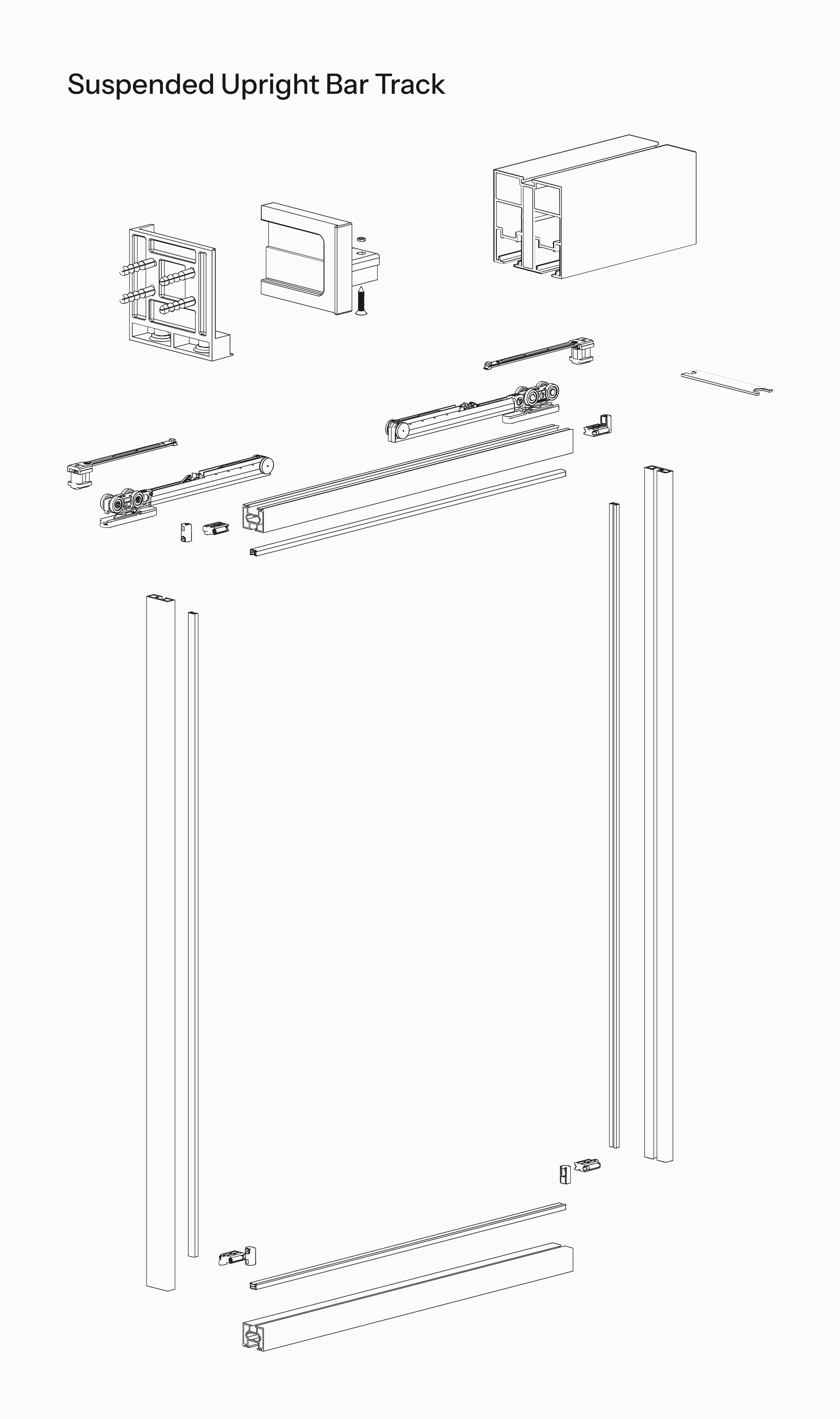 Technical drawing of Trave suspended upright bar track system.