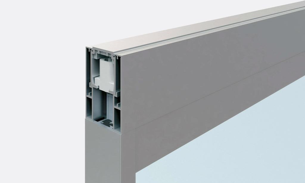 Cross-section close-up of Universal aluminum door frame profile with tubular extruded structure.