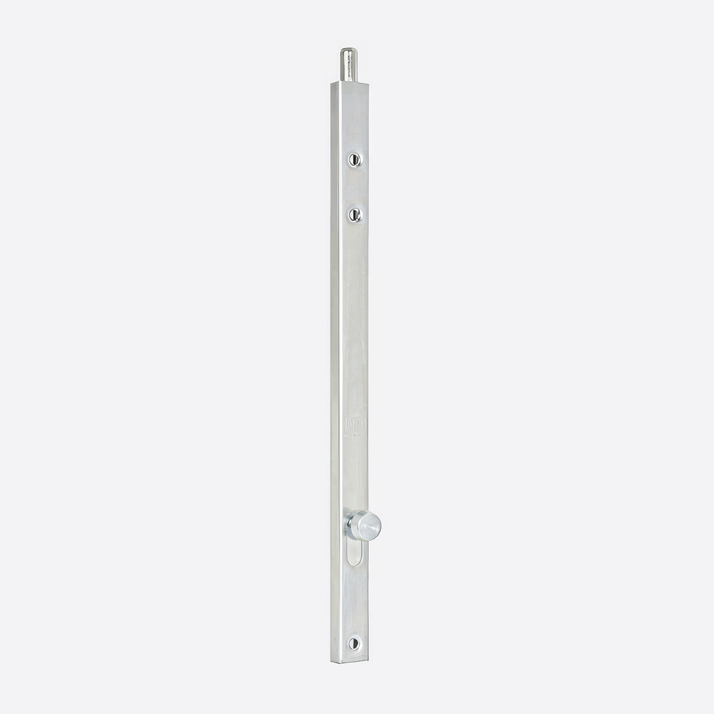 Silver door bolt against a white background