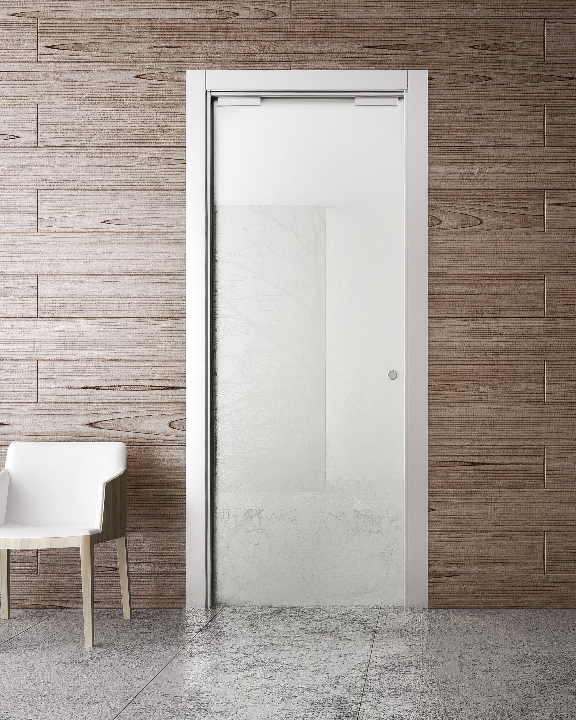 White door in a room with wooden panel walls and a white chair.