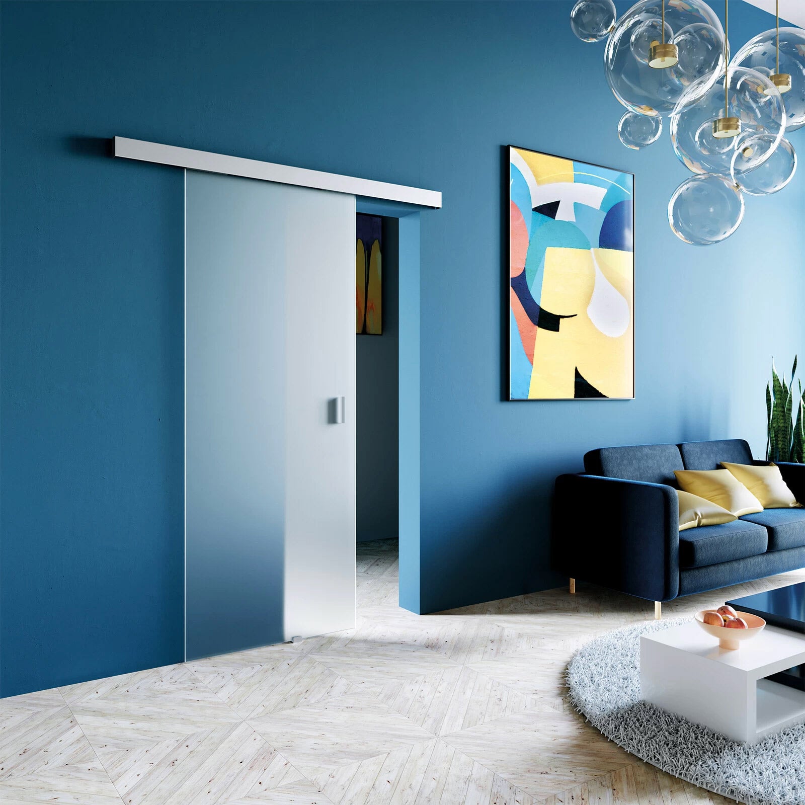 Modern living room with blue walls, a sofa, and abstract art.