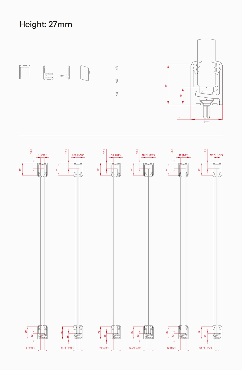 Technical drawing of Vetro Fisso with a 27mm profile
