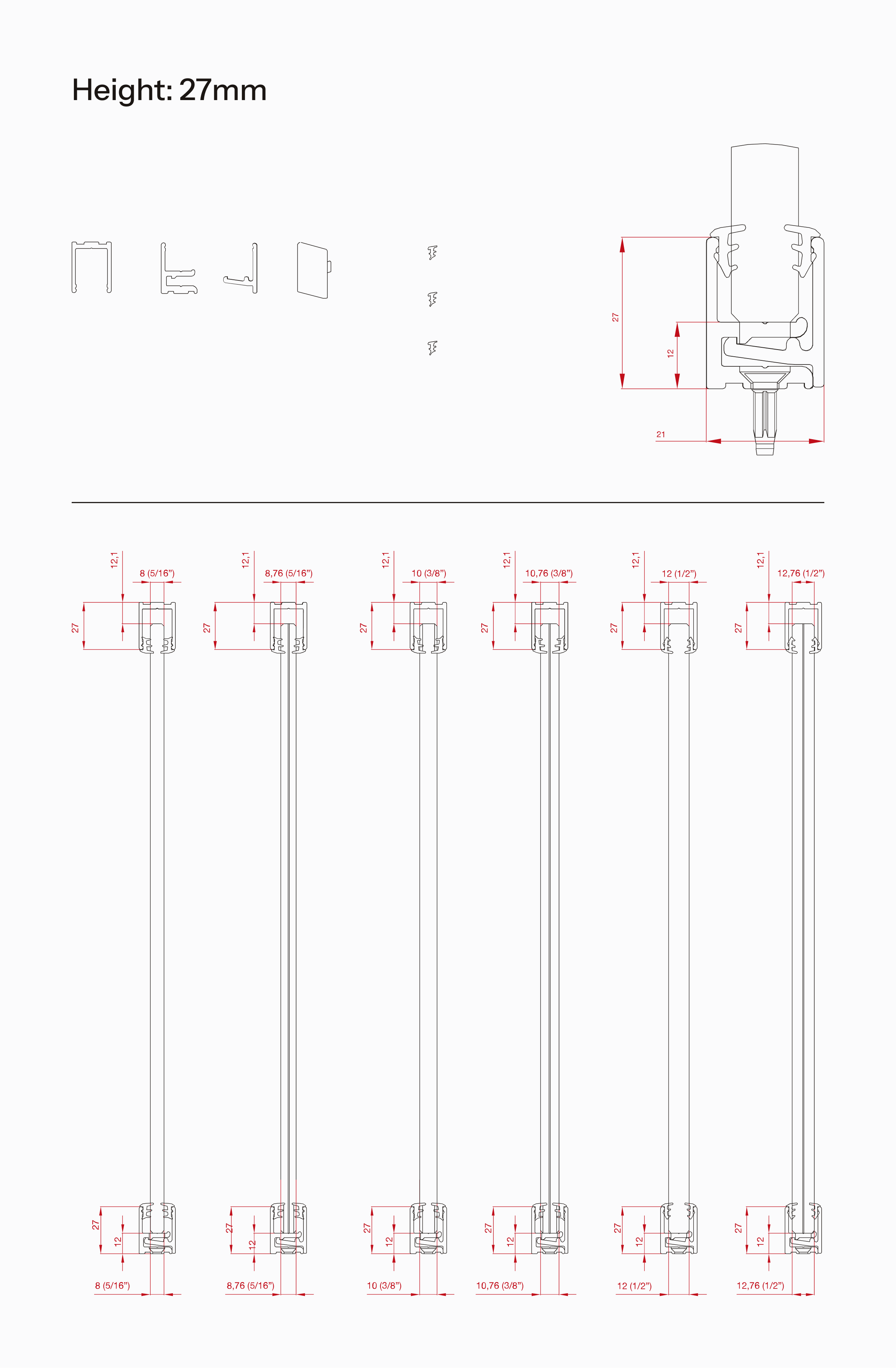 Technical drawing of Vetro Fisso with a 27mm profile