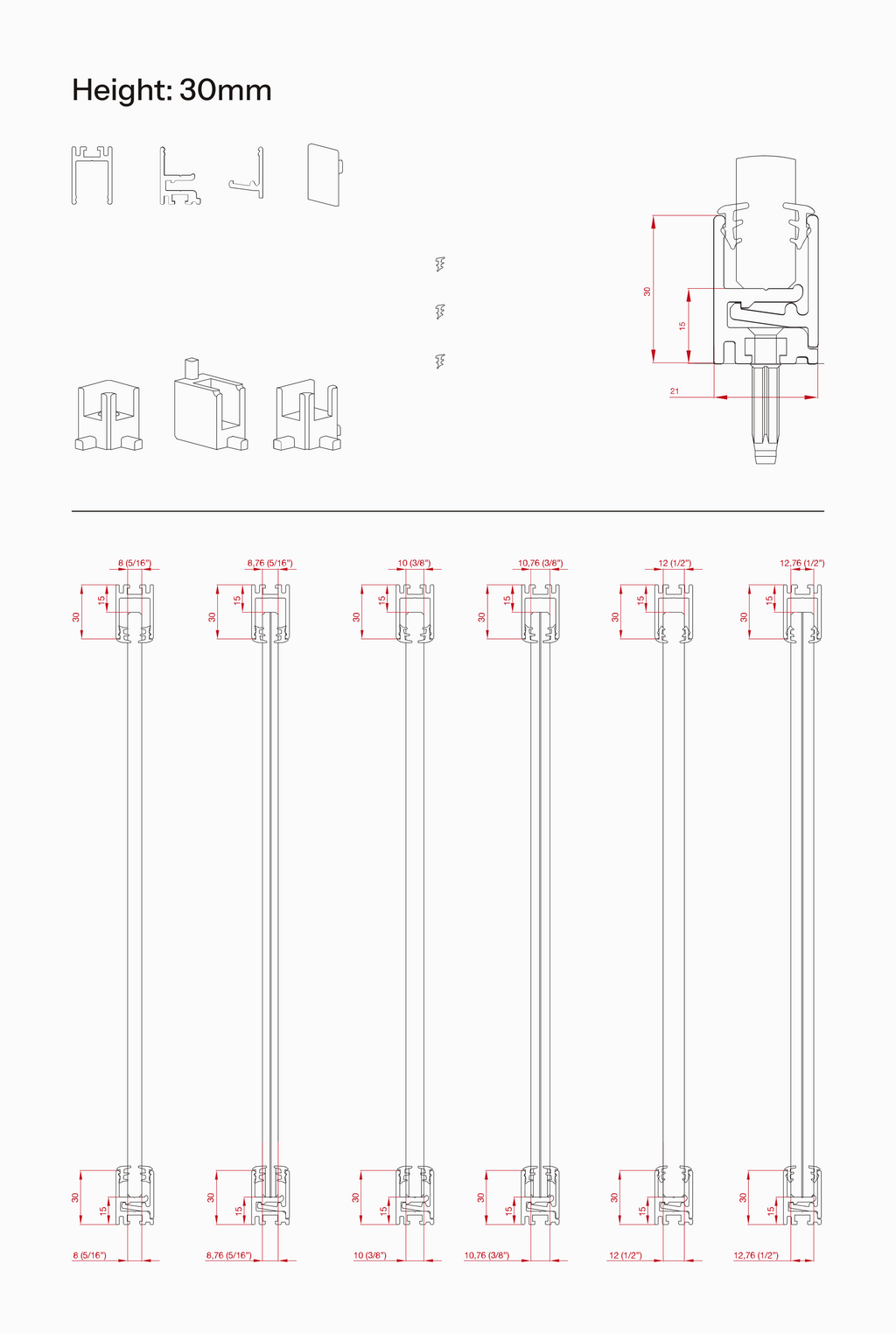 Technical drawing of Vetro Fisso with a 30mm profile