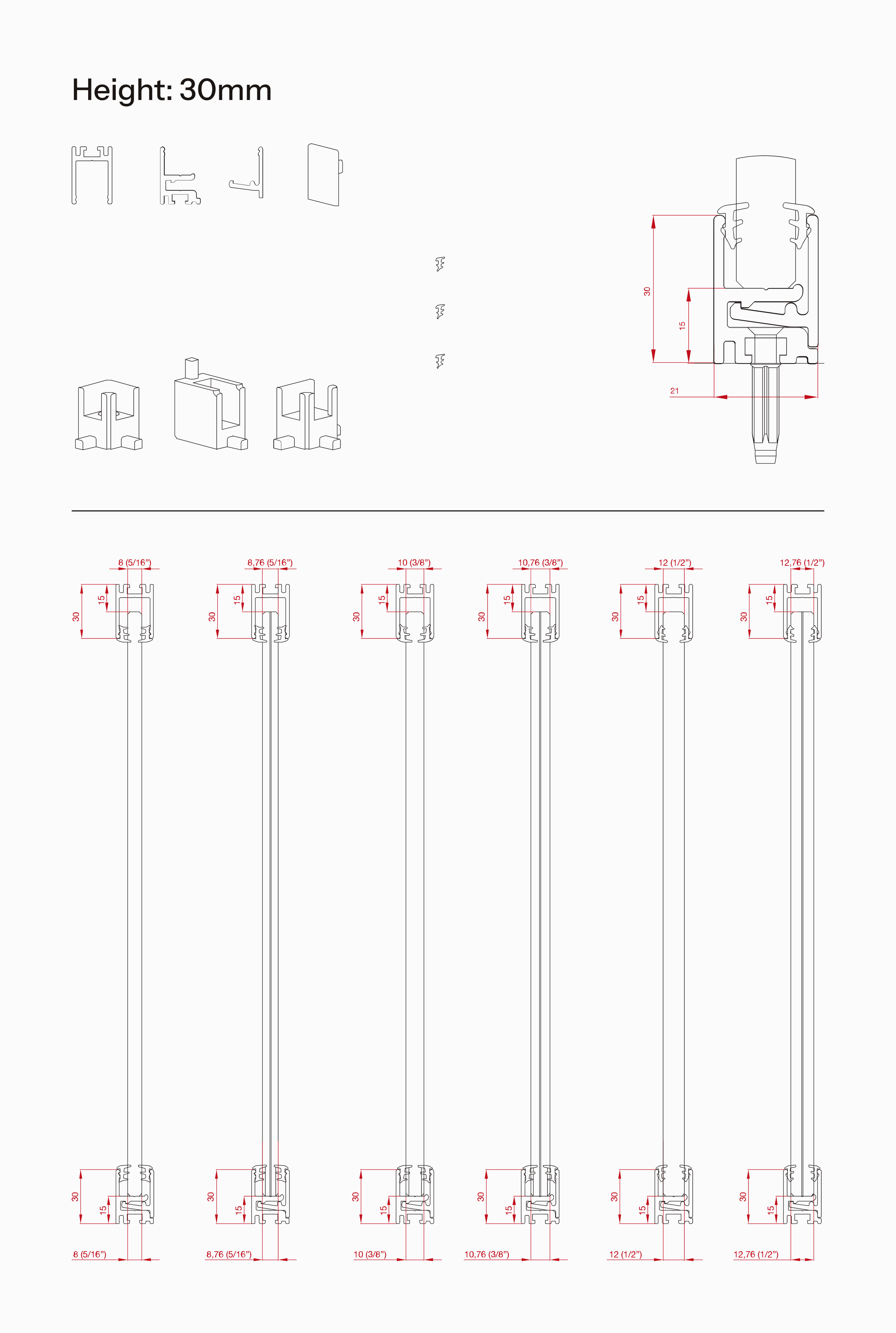 Technical drawing of Vetro Fisso with a 30mm profile