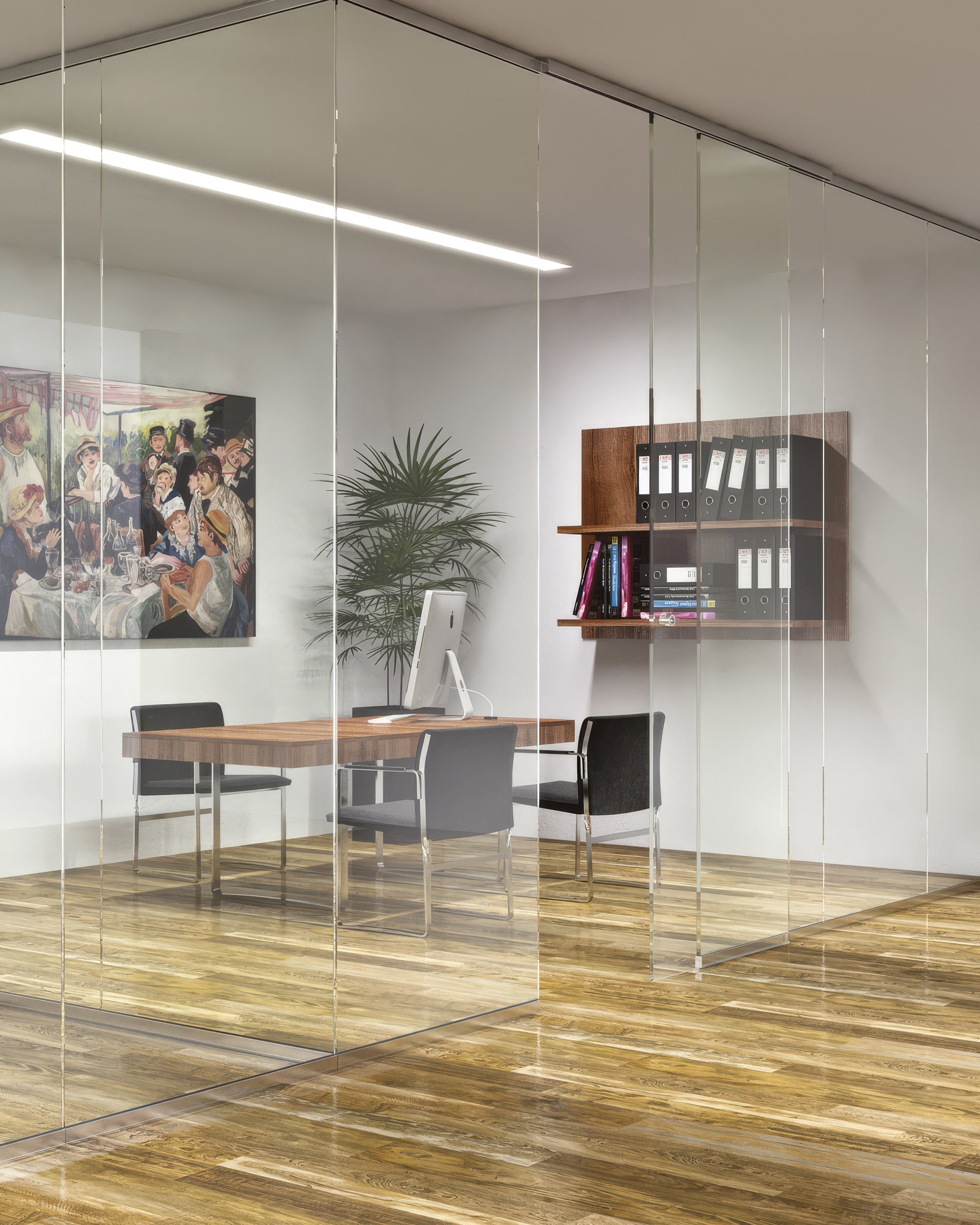 Modern office with glass walls, desk, chairs, and bookshelf.