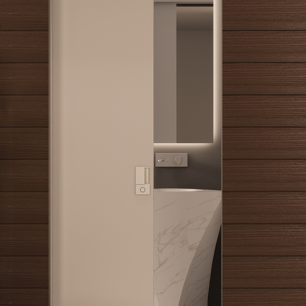 Modern bathroom with wooden paneling and a marble countertop.