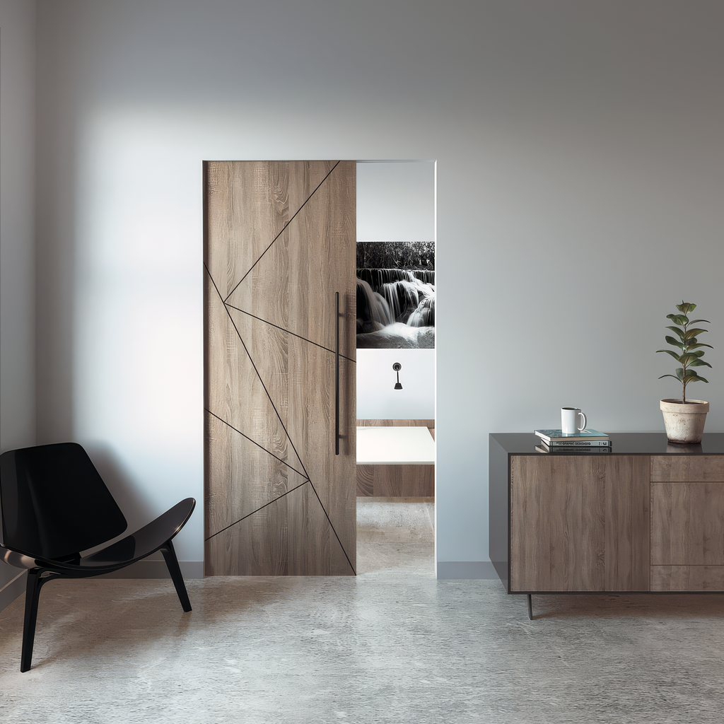 Modern interior with a wooden sliding door, black chair, and sideboard.