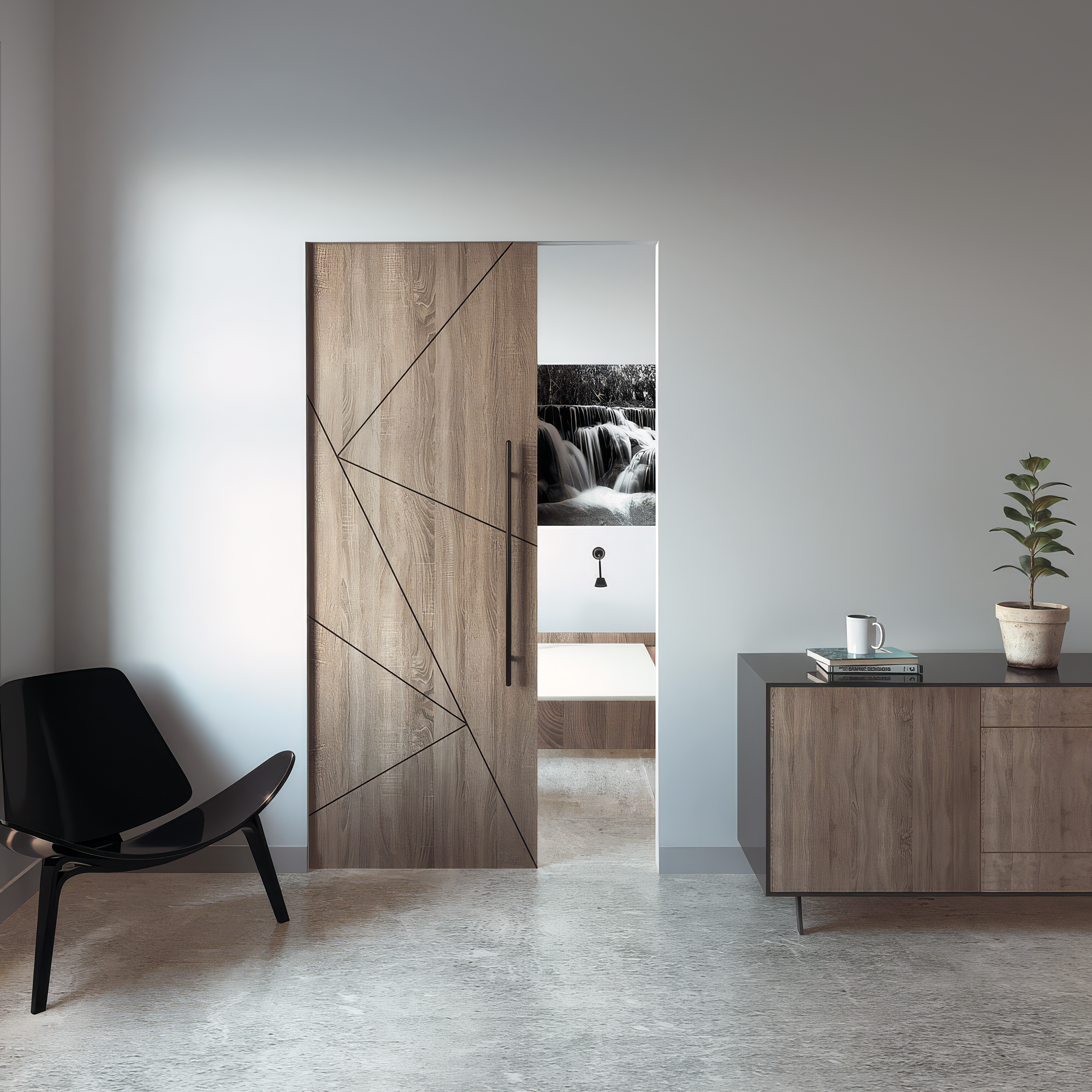 Modern interior with a wooden sliding door, black chair, and sideboard.
